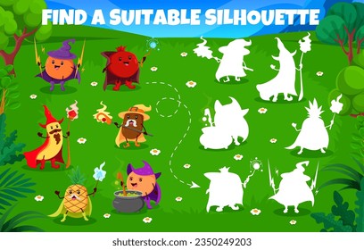 Find a suitable silhouette of cartoon halloween fruit wizards and mages. Silhouette matching game vector worksheet with orange, pomegranate, banana and kiwi, pineapple, peach sorcerer funny personages