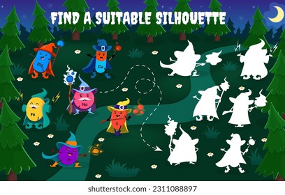 Find a suitable silhouette of cartoon mineral and micronutrient wizards. Shadow match kids vector game worksheet with Halloween characters P, K, Na and Fe, Mg A and Cu capsules. Riddle for children