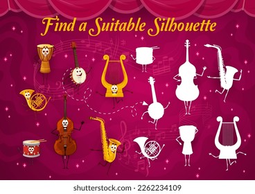 Find the suitable silhouette of cartoon musical instrument characters. Kids vector shadow match game with saxophone, jembe drum, double bass, banjo, harp or lyre and french horn personages worksheet