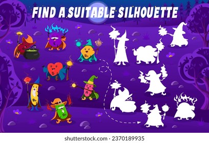 Find a suitable silhouette of cartoon vitamin wizard. Silhouette find quiz vector worksheet, shadow match, similarity search game with P, E, B2 and D, A, B5, B6 vitamins sorcerers funny personages