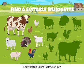 Find the suitable silhouette of farm animals. Kids game worksheet of matching puzzle quiz with chickens, cow, sheep and rooster, pig and turkey on green farm field background with barn and farmhouse