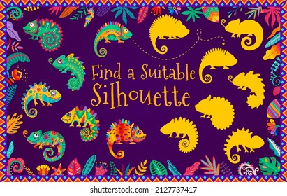 Find a suitable silhouette of mexican chameleon lizards. Kids vector shadow match logic riddle game for preschool or kindergarten education. Cartoon worksheet for logic game