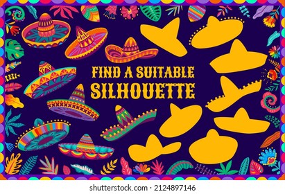 Encuentre una silueta adecuada de sombreros mexicanos con sombrero mexicano, una hoja de cálculo para el vector de preguntas para los niños. Juego de riddle para encontrar la sombra correcta similar o rompecabezas de mesa con el sombrero mexicano de caricatura y flores