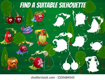 Find a suitable silhouette of wizard, mage, warlock and fairy berry characters of kids game quiz worksheet. Vector education game, puzzle, riddle or maze on background of garden with berry personages