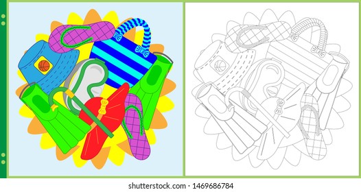 Find the summer elements in the picture and color them in different colors. Coloring book for children. Page with a colorless option and with a color pattern. Vector illustration 