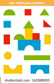 Find superfluous elements of toy tower. Logical puzzle for kids.