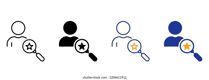 Buscar silueta de empleado talentoso e icono de línea. Pictograma de empleo de recursos humanos. Icono de persona de búsqueda de recursos humanos. Organismo de Contratación de Empleo para la Carrera. Stroke editable. Ilustración de vectores aislados.