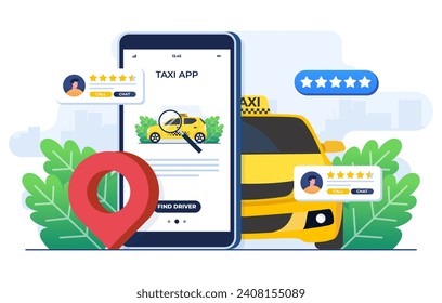 Finden Sie online einen Taxifahrer, Online-Taxikonzept, Flachbild-Illustration, Taxi-Service-Anwendung auf Smartphone-Bildschirm, Mieten und teilen Sie Auto, Remote-Fahrzeugteilen, Navigationstitel,