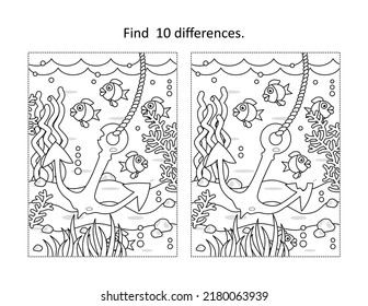 Find ten differences activity page with underwater life scene and anchor
