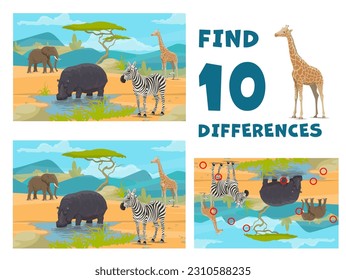 Find ten differences. African savannah cartoon animals. Children objects comparing game, kids difference search vector riddle or child matching quiz with Africa fauna elephant, hippo, zebra, giraffe