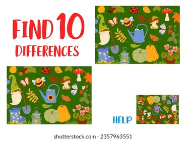 Find ten differences between autumn leaves, animals, plants and gnome garden tools. Objects comparing riddle, difference search quiz vector worksheet with pumpkin, flowerpot, mushroom and ladybug