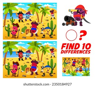 Find ten differences between cartoon vitamins and micronutrients pirates kids vector game worksheet. Educational children riddle activity with funny I, Cu, Ca and Fe, Mg or P filibuster supplements