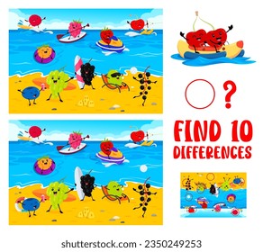 Find ten differences between cartoon funny berry characters on summer beach vacation. Object comparing vector worksheet with cowberry, raspberry, strawberry and cherry, grape, blueberry cute personage