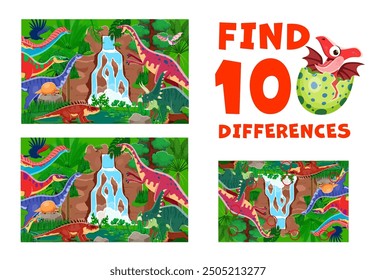 Find ten differences between cartoon prehistoric dinosaurs, kids game worksheet. Vector educational children riddle, leisure activity with different dino species in a Jurassic era waterfall scene