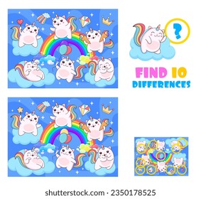 Encuentra diez diferencias entre el gato mágico de caticorn y los personajes gatitos en las nubes del cielo. Juega con personajes de dibujos animados felinos de unicornio. Dificultad educativa vectorial para los niños ocio y diversión