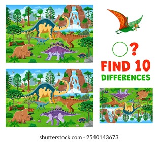 Encuentra diez diferencias entre dinosaurios prehistóricos. Juego educativo con paisajes vibrantes con varias especies de dinosaurios. Rompecabezas de Vector de dibujos animados para niños, mejorando la atención a las habilidades de detalle