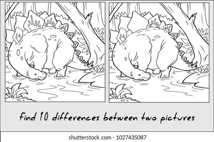 Find the ten differences between the two pictures and Coloring page. Funny cartoon Dinosaur. Puzzle for kids. Hand drawn image. Eps 10