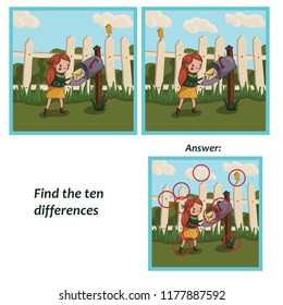 Find ten differences between the two images girl with letter
