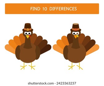 Find ten differences between two turkeys. Thanksgiving worksheet for kids. Educational game for preschool and kindergarten children. Visual skills activity for Thanksgiving time	