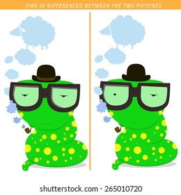 Find ten differences between the two pictures. Cartoon snake character. Colorful rebus for kid on isolated background. Snake vector. Detective  character. Eps 8