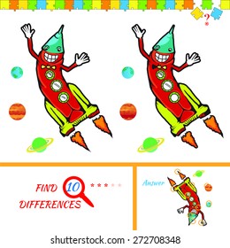 Find ten differences between the two pictures. Cartoon rocket character. Colorful rebus for kid on isolated background. Rocket vector. Puzzle for kids