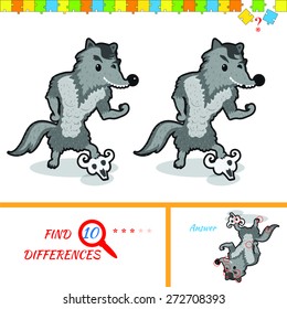 Find ten differences between the two pictures. Cartoon wolf character. Colorful rebus for kid on isolated background. Wolf vector. Puzzle for kids.