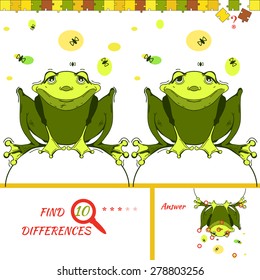 Find ten differences between the two pictures. Cartoon frog character. Colorful rebus for kid on isolated background. Wolf vector. Puzzle for kids.