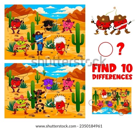 Find ten differences between western berry cowboy, sheriff, ranger and bandit characters in desert. Difference find vector worksheet with strawberry, blueberry, raspberry, gooseberry and honeyberry