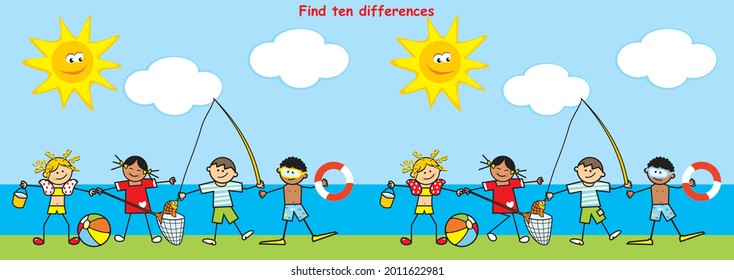 Find ten differences, board game for children, little boy and girl on beach, vector illustration
