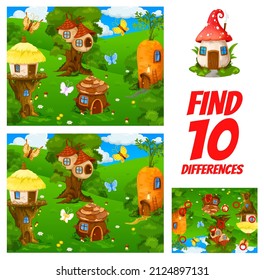 Find ten differences in cartoon fairy gnome village kids quiz worksheet. Kindergarten child educational playing activity, kids quiz or riddle vector page with similarity and difference finding task