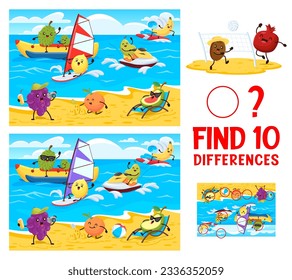 Encuentra diez diferencias de dibujos animados frutas graciosas en la playa de verano. Juego vectorial infantil con personajes de jackfruit, peral, limón y aguacate, anaranjado, banana y uva. Actividad educativa infantil, ocio