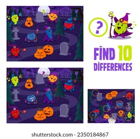 Find ten differences, cartoon Halloween berry wizards and mages at cemetery. Kids game vector worksheet with grape, strawberry, blueberry and honeyberry, cloudberry and cranberry warlock characters