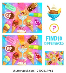 Find ten differences in cartoon ice cream gelato, sundae, chocolate and vanilla cone, vector puzzle worksheet. Frozen sweet desserts or ice cream scoop in cones, kids quiz game to find ten differences