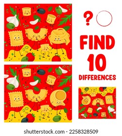 Find ten differences. Cartoon italian pasta characters matching game or puzzle quiz. Funny macaroni food personages vector worksheet with fettuccine, ditalini, ravioli or tortellini, creste, lumache