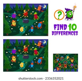 Find ten differences. Cartoon mineral and micronutrient wizards on Halloween meadow. Kids board game vector worksheet with Fe, Mn, P and Ca, Se, Mg, Cl and Cu supplement capsule characters on coven