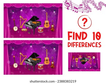 Encuentra diez diferencias, personajes de instrumentos musicales de dibujos animados, hoja de cálculo de rompecabezas vectoriales. Piano divertido, guitarra y arpa de orquesta con violín y tambor en el escenario en el juego de preguntas para niños para encontrar diez diferencias