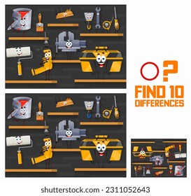 Find ten differences of cartoon repair and DIY work tool characters, vector puzzle worksheet. Kids quiz game to find ten different work tools of screwdriver, toolbox and drill with wrench and plane