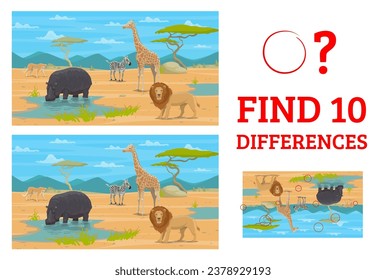 Find ten differences. Cartoon safari african animals. Matching game, objects comparing quiz or kids puzzle vector worksheet with hippopotamus, giraffe, zebra and lion male, cheetah, african animals