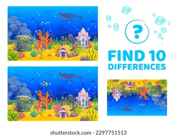 Encuentra diez diferencias en el paisaje submarino con edificios de casas de cuento de hadas. Hoja de trabajo de juegos vectoriales para niños con dibujos animados fantasía de sirena viviendas de coral, lata, ancla o concha en el fondo marino