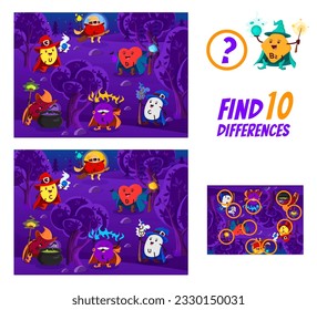 Find ten differences. Cartoon vitamin wizards and mages in night forest. Kids vector game worksheet with U, B12, P, D, E and C capsule warlock characters. Educational children riddle, activity page