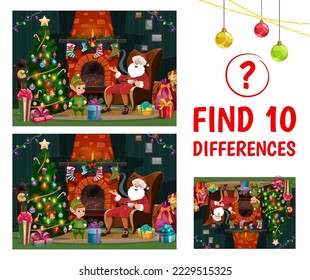 Find ten differences. Christmas interior with santa in chair near fireplace. Vector kids game worksheet with cartoon Father Noel and Gnome characters. Educational children riddle, leisure activity