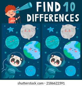 Find ten differences. Cute cartoon space elements: astronaut, planets and stars. Educational game for preschool children. A boy looking through telescope at night. Vector illustration.