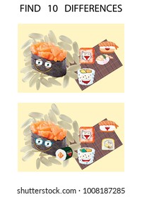 Find ten differences. Educational game for children. Cartoon sushi vector illustration. Kindergarten emoticons Worksheet.