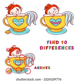 Find ten differences educational game for kids. Cute mermaid in cup of tea printable illustration.