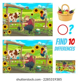 Find ten differences of farmer on field, kids game quiz and vector cartoon puzzle. Famer on farm garden with cow and rooster planting vegetables, kids puzzle worksheet to find differences on picture