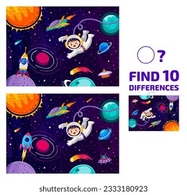 Find ten differences at galaxy landscape, astronaut in outer space and rocketship, vector puzzle game. Cartoon spaceman with alien UFO and rocket spaceship in kids quiz to find ten differences