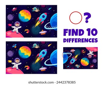 Encuentra diez diferencias en el paisaje del espacio de la galaxia para los niños hoja de trabajo del juego, vector de dibujos animados. Prueba de espacio para encontrar diez diferencias de imagen con el astronauta niño, astronauta espacial, cohete galaxia espacial y OVNI alienígena