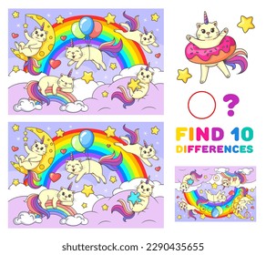 Find ten differences game. Cartoon funny caticorn cats on rainbow. Kids vector educational or recreational puzzle with cute kawaii unicorn kittens fantasy characters. Children riddle, leisure activity svg