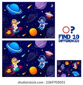 Find ten differences game, cartoon astronaut and alien in starry galaxy space, vector kids quiz. Galaxy starship and alien UFO with martian and kid spaceman in outer space worksheet to find difference