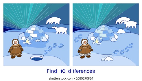 Find ten differences. Game for children with northern landscape 